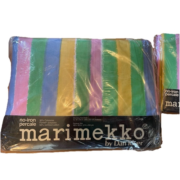 🆕Marimekko Kivinen pastel Striped Cotton/percale KING sheet Set NOS 1980s colors - Picture 1 of 12